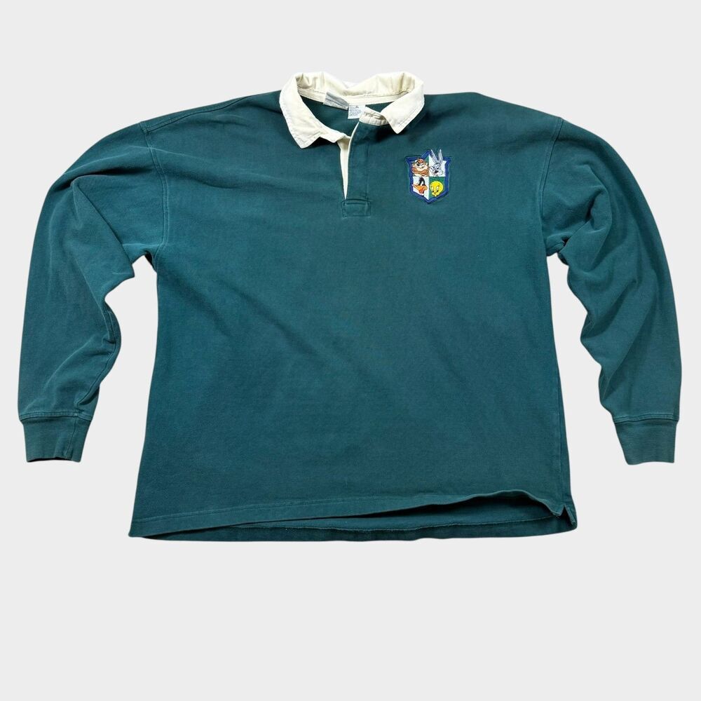 Vintage 90s Looney Tunes Acme Rugby Shirt Mens XL Green Embroidered Crest Warner